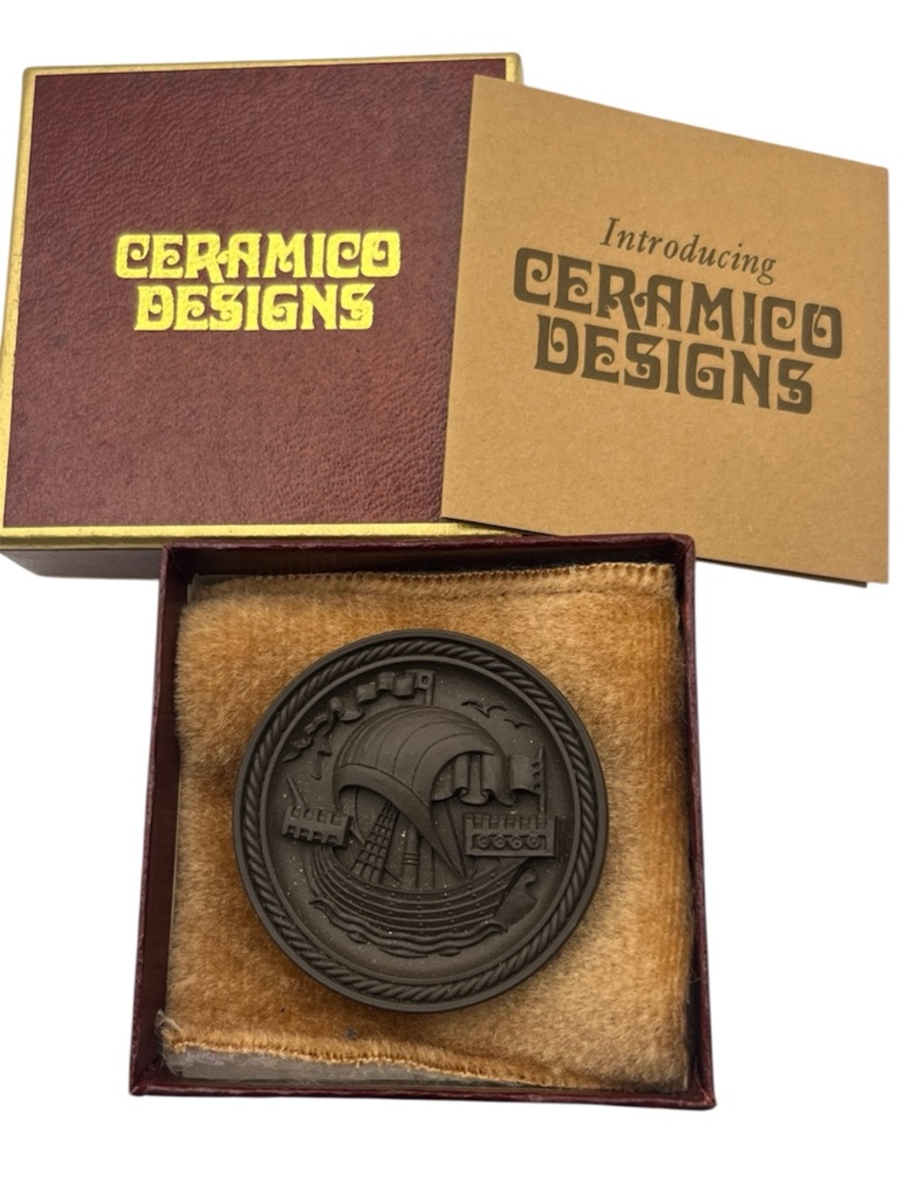 Ceramico Designs brown ship boat nautical medallion brooch pin vintage ocean sea